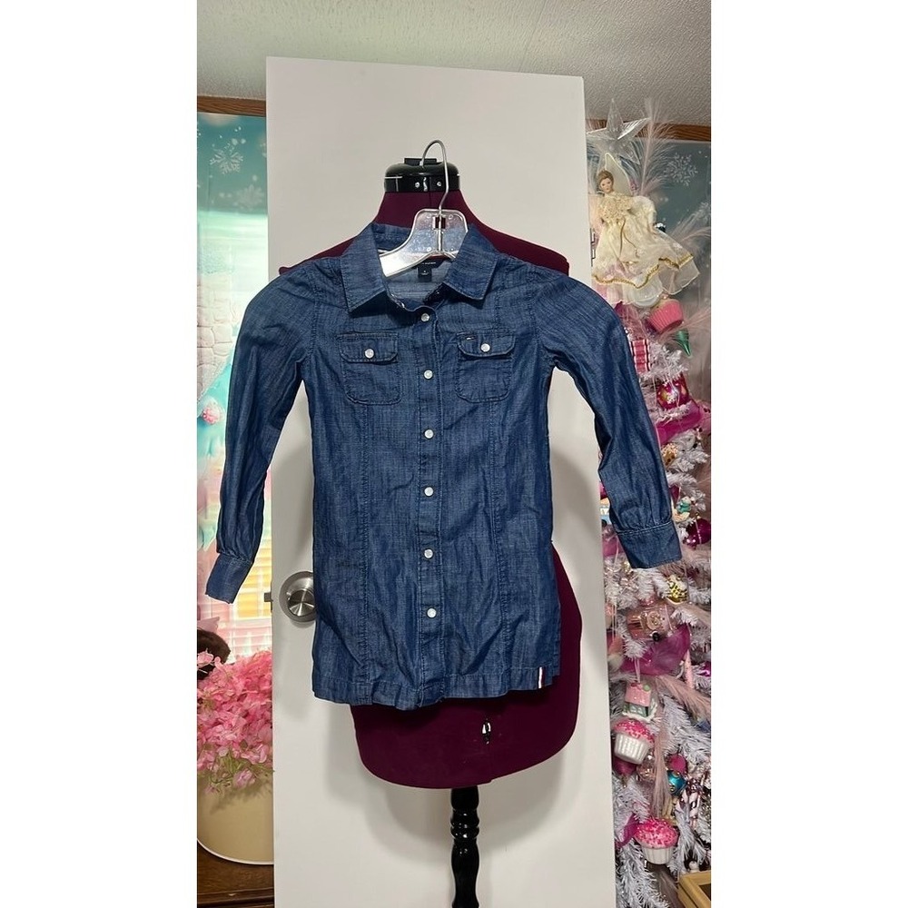 Tommy Hilfiger Shirt Dress Kids Size 4 Blue Good Denim Chambray Long Sleeve Logo